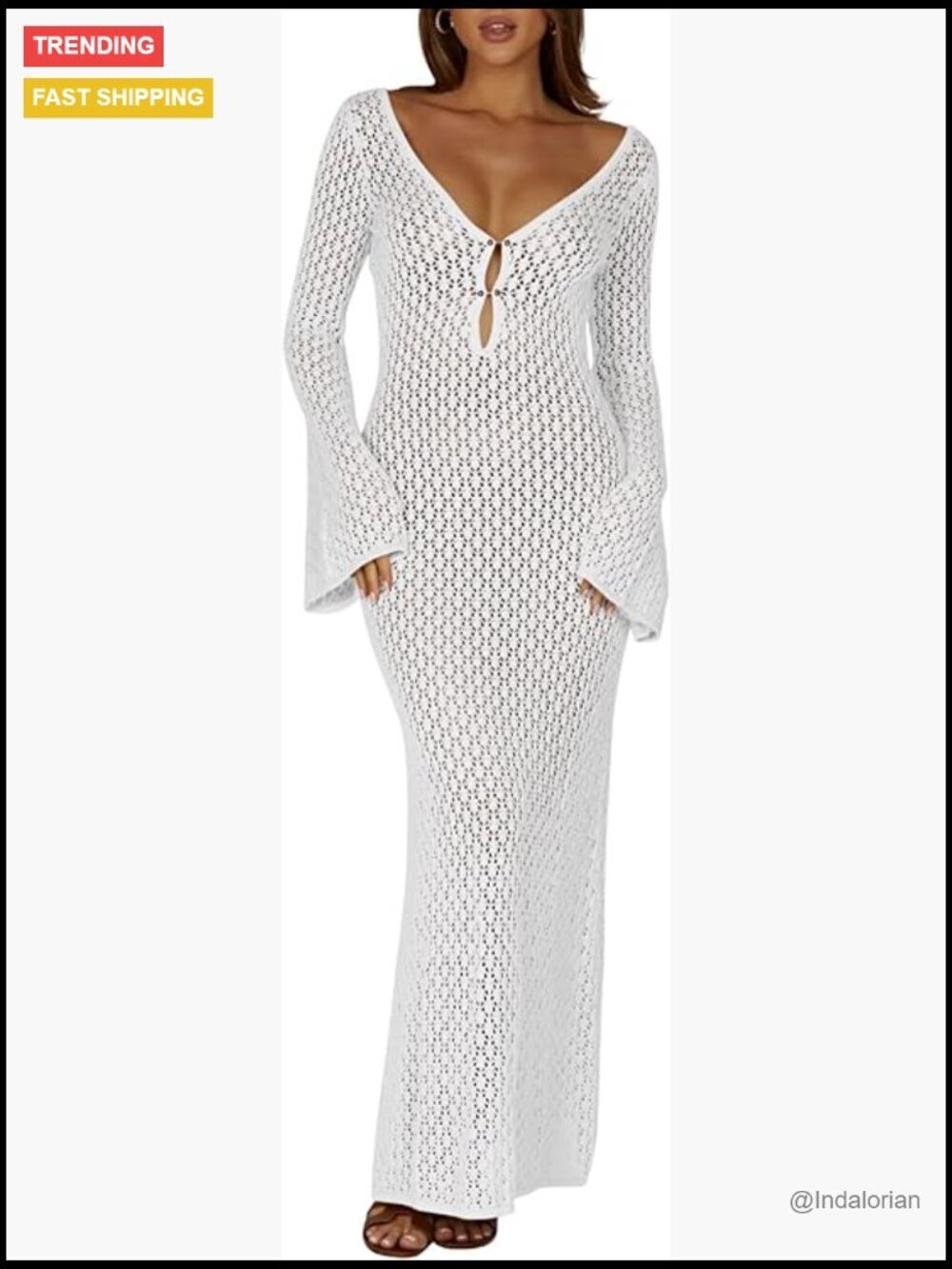 Women's Crochet Maxi Cover Up Dress Long Sleeve Bodycon Knit Beach Vacation